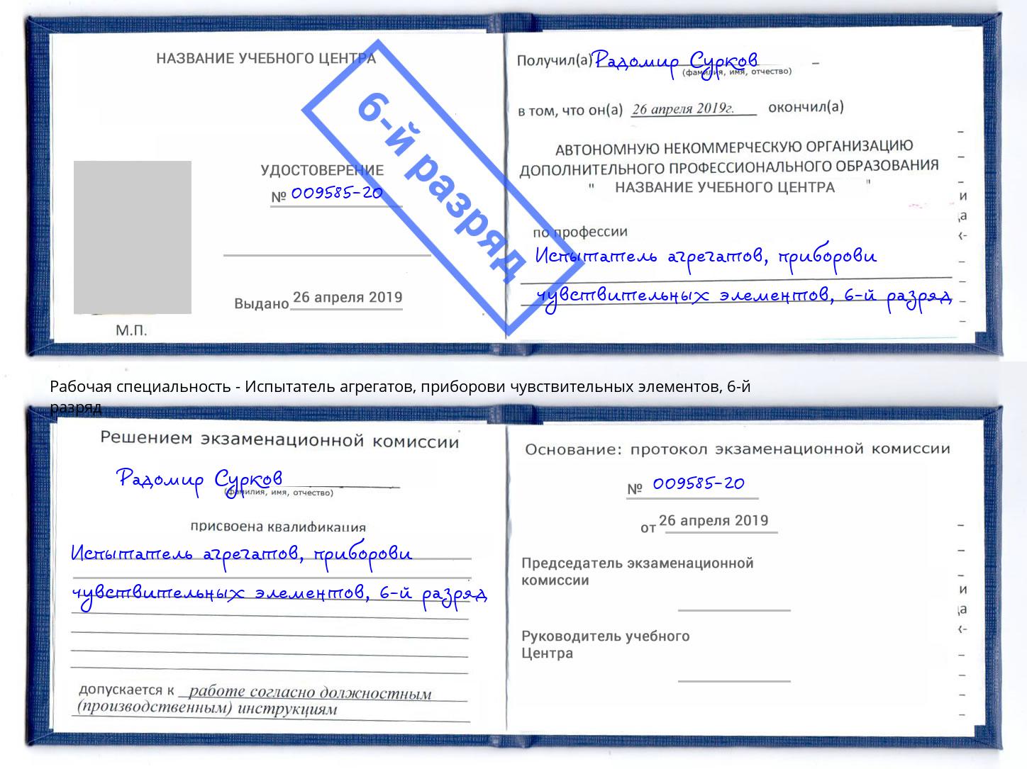 корочка 6-й разряд Испытатель агрегатов, приборови чувствительных элементов Сорочинск