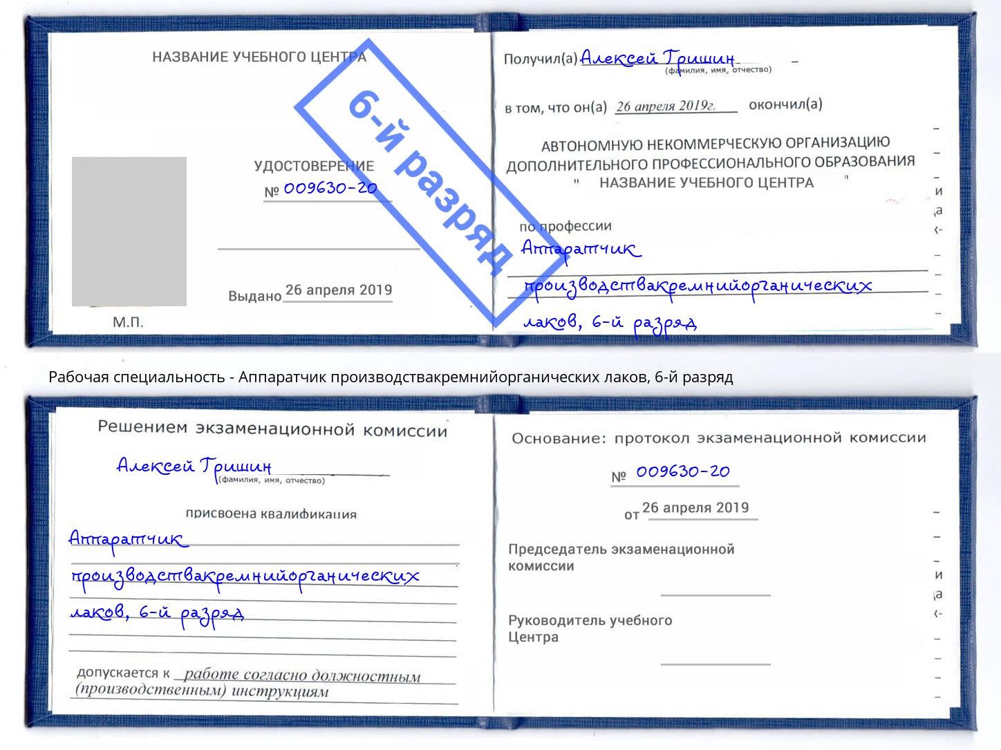 корочка 6-й разряд Аппаратчик производствакремнийорганических лаков Сорочинск