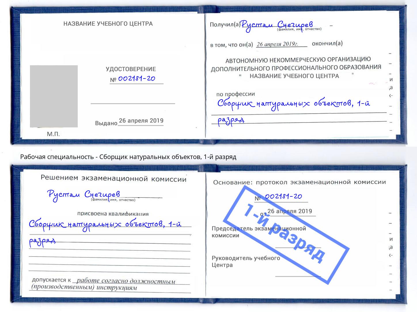 корочка 1-й разряд Сборщик натуральных объектов Сорочинск